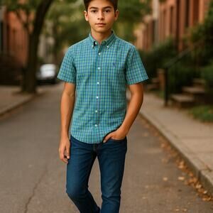 Ralph Lauren Boys Shirt Size M 10 12 Green Blue White Pink Plaid Short Sleeve